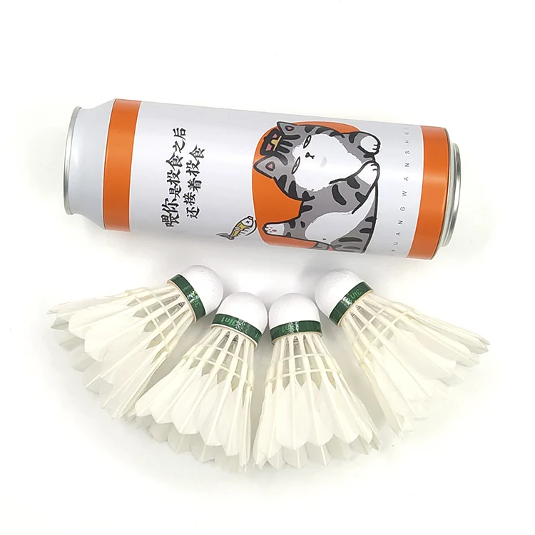 

3in1 innovative Tin Can Packing duck feather shuttlecock OEM with PU fiber cork thicker shaft stand model 219, Natural white