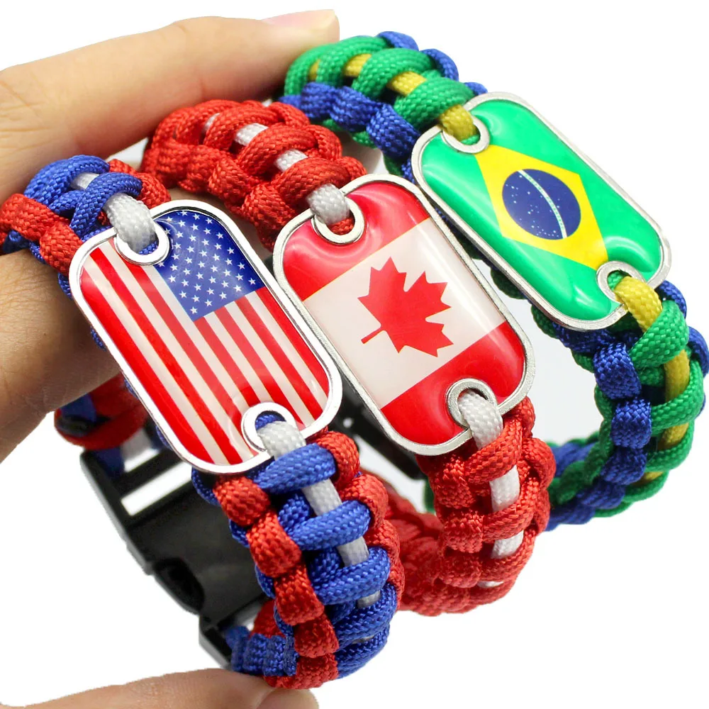 

National Flag Woven Paracord Bracelets Hand Strap Outdoor Camping Hiking Survival Paracord Bracelets Soccer Fan World Cup Gifts, Multi