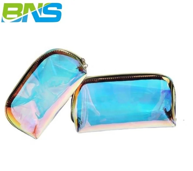 

Personalized travel iridescent transparent packaging case cosmetic brush christmas organiser small holographic makeup bag