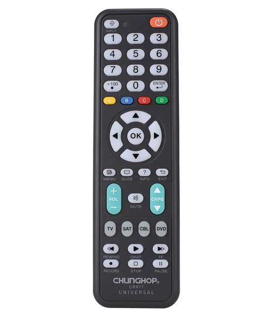 

Chunghop UR977 High Quality Universal Remote Control RoHS CE Combines 4 in 1 with Learning Code for Home Appliances, Black/oem