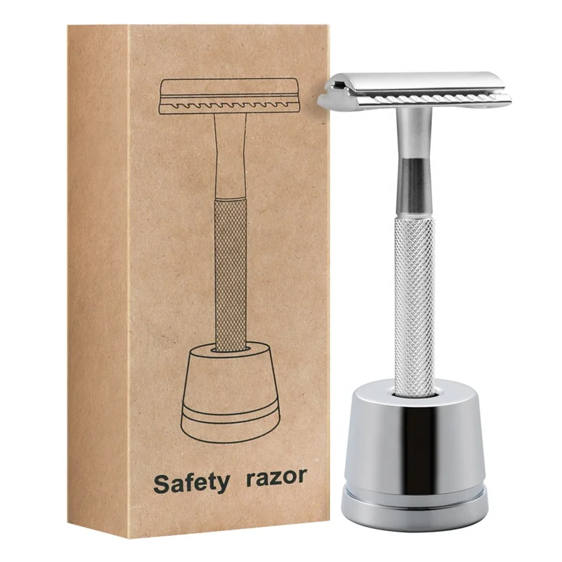 

Ready to ship Eco-Friendly Matte Black Metal Handle Razor Safety Razor Aluminum Stand For Shaving Kit, Silver