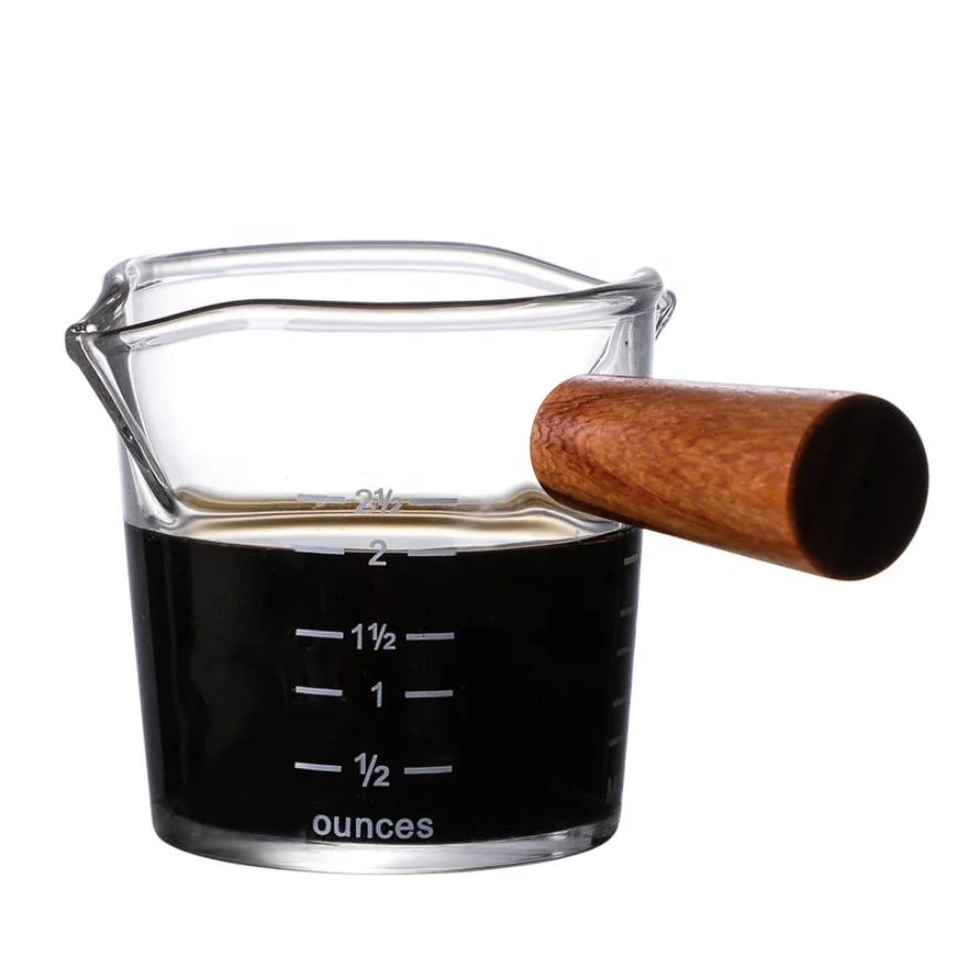 

Wholesale custom heat resistant transparent glass measuring cup with wood handle, Clear/customized