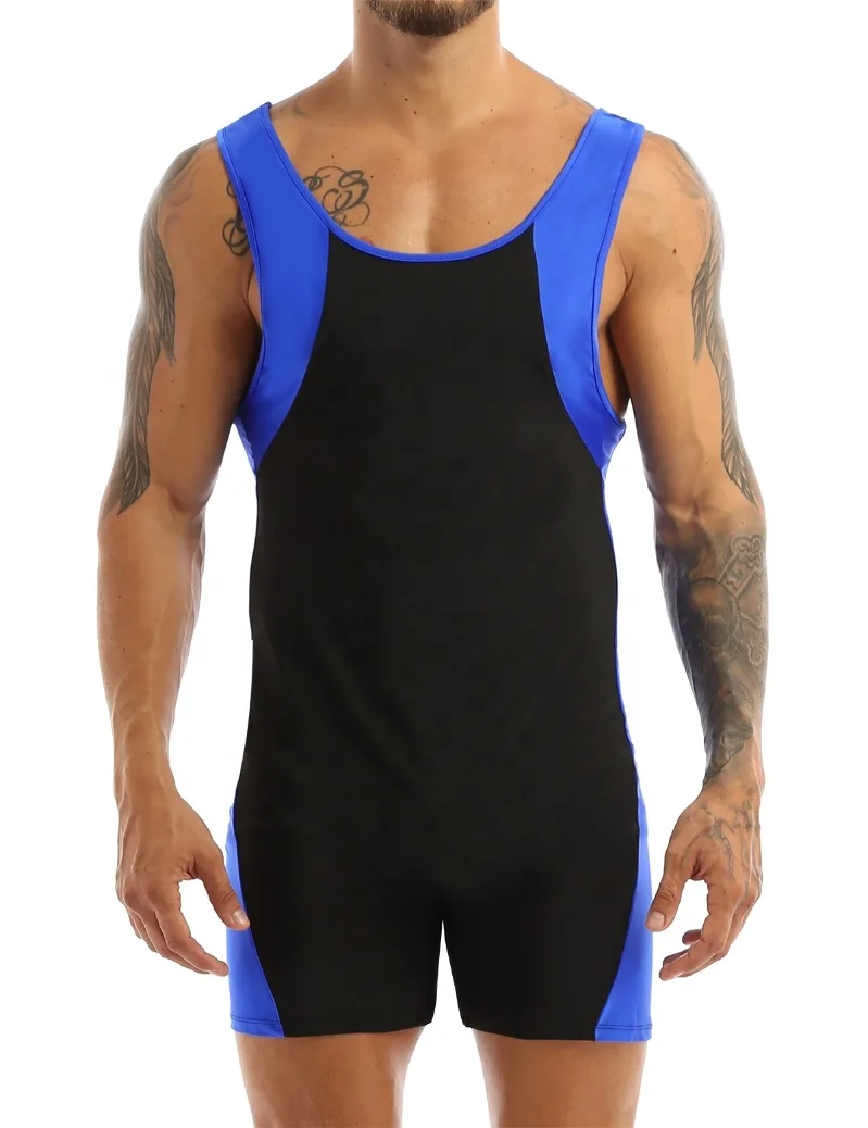 

Fashion Color Block Design U Neck Sleeveless Sports Fitness Bodybuilding Leotard Jumpsuit gym wear for men fitness