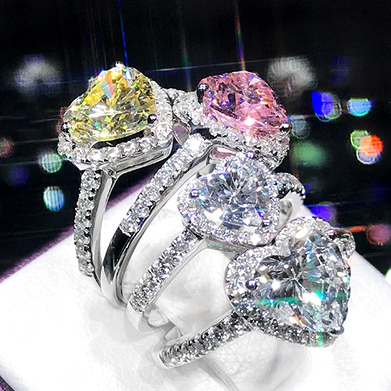 

2021 New Arrival Heart Love Shape Zircon Rhinestone Princess Engaged Diamond Wedding Rings, Silver