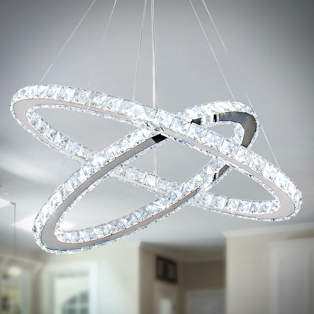 Modern Luxury 2-Ring K9 Crystal LED Chandelier Adjustable Hanging Lights for Bedrooms Living Room Dining Room