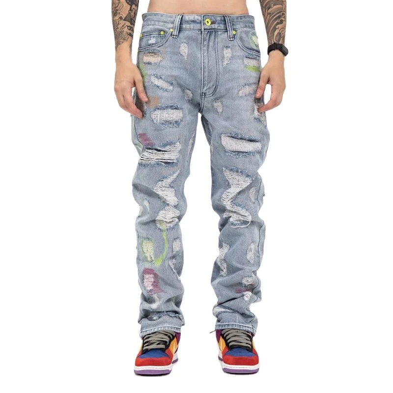 

Custom Pants Pantalones Hip Hop Caballero Sueltos Brand Bootcut Embroidered Style Stacked Ripped Jeans Pants Men Jeans Men