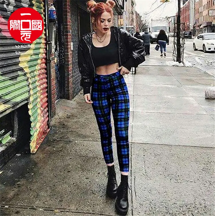 

Women's plaid casual pants high elastic high waist base