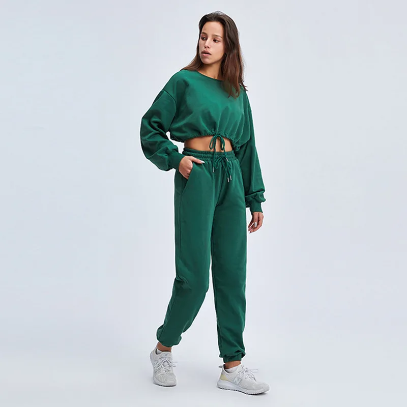 

Luckpanther Sportswear 2 Piece Sets Women High Waist Long Sleeve Drawstring Crop Tops Pullover Hoodies And Sweat Pants Suit, White, black, grey, navy, all colors can do