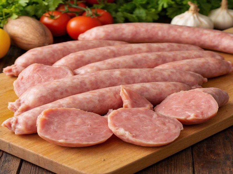 Fresh chicken sausage ingredients on wooden cutting board