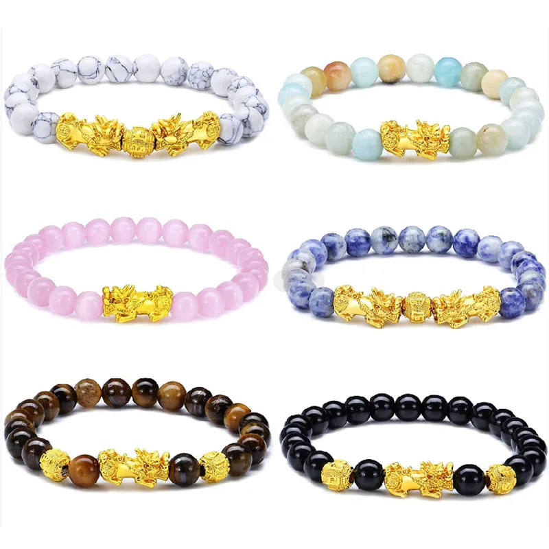 

Luxury Turquoise Jade Natural Stone Piyao Charm Bracelet Set Tiger Eyes Pink Stone Pixiu Bracelet Set For Women Men, As picture showed