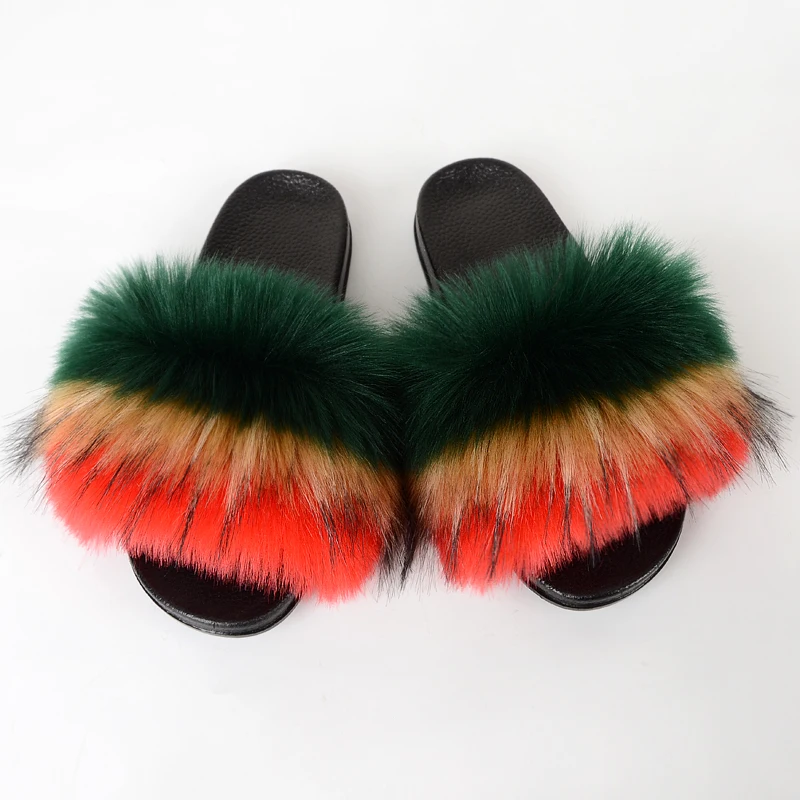 

Jtfur Wholesale Fluffy Fox Raccoon Fur Slipper Indoor Furry Fur Multicolor Slides for Women, Customized color