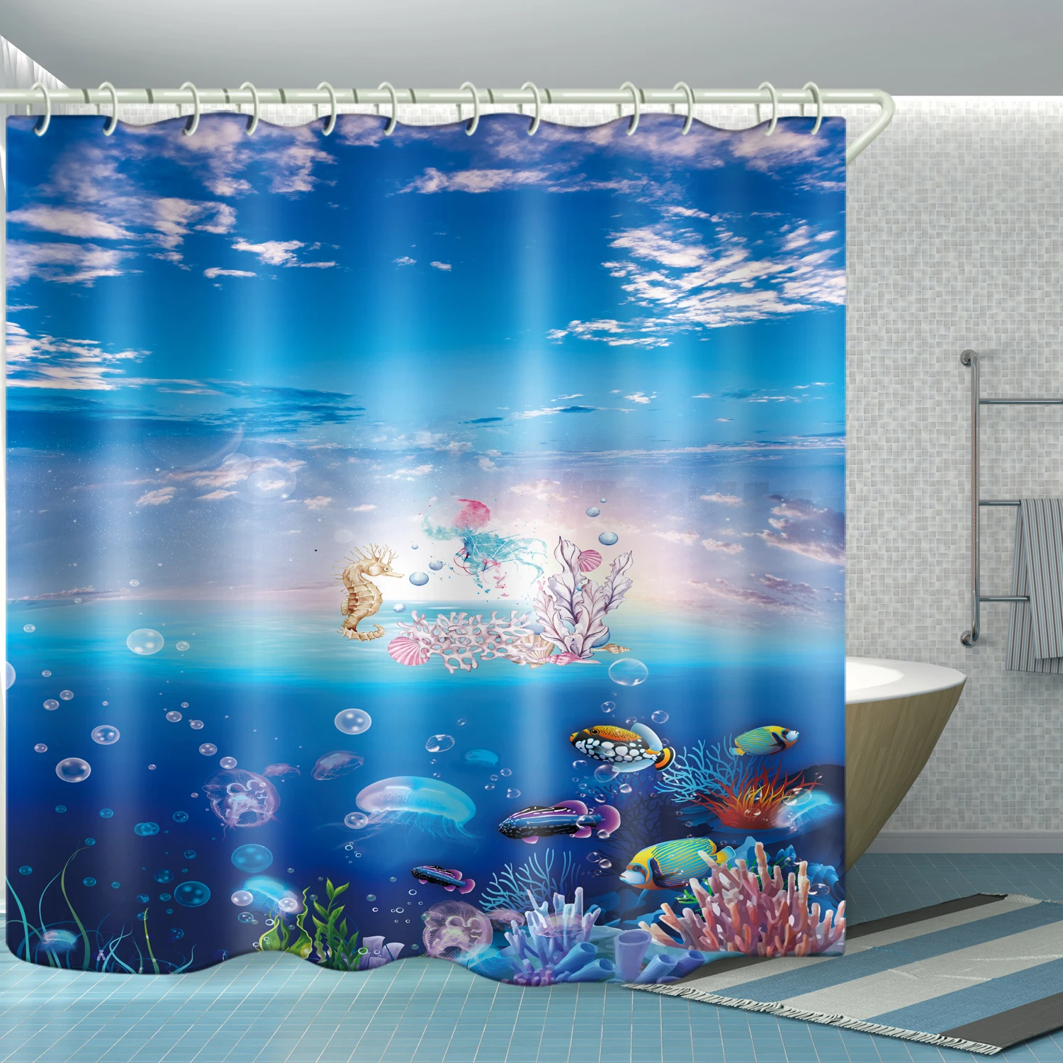 

183 x 183cm Waterproof Cloth Lining Cover Bathtub Bathroom Curtain Sky Underwater World Customizable Printing Shower Curtain, Picture