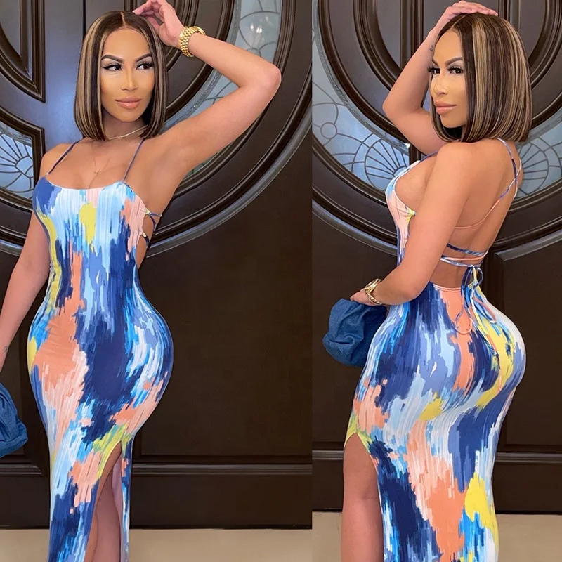 

MT279-145001 womentie dyed casual dress 2021 latest sexy girl one piece halter slim tight backless bandage dresses