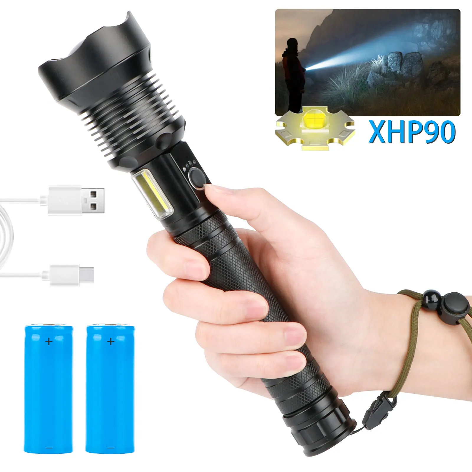 XHP90 USB Rechargeable Flashlight High power Waterproof LED Type C Torch Light 5000 Lumen Lamp for camping Side COB Lights