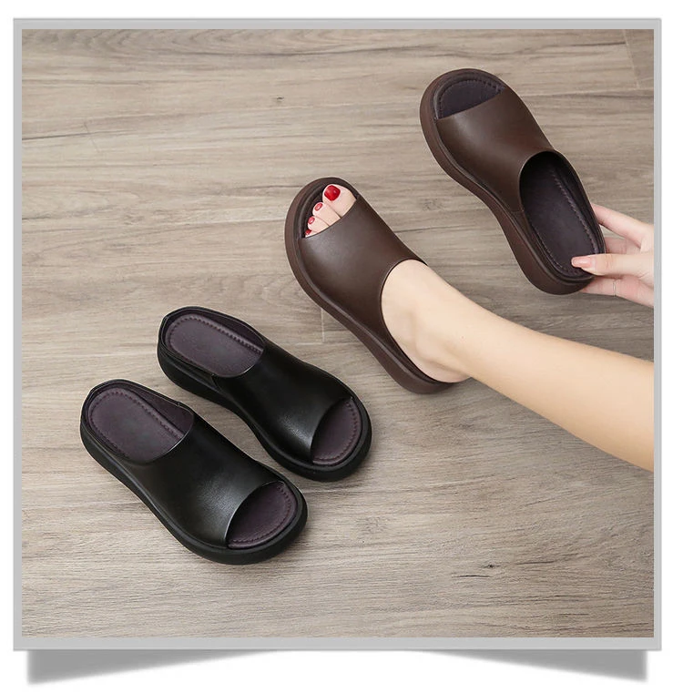 

Ladies Leather Sole Slippers Women Beach Sandals Mules Clogs Black Peep Toe Platform Mules Slip On Sandals Shoes, Black brown