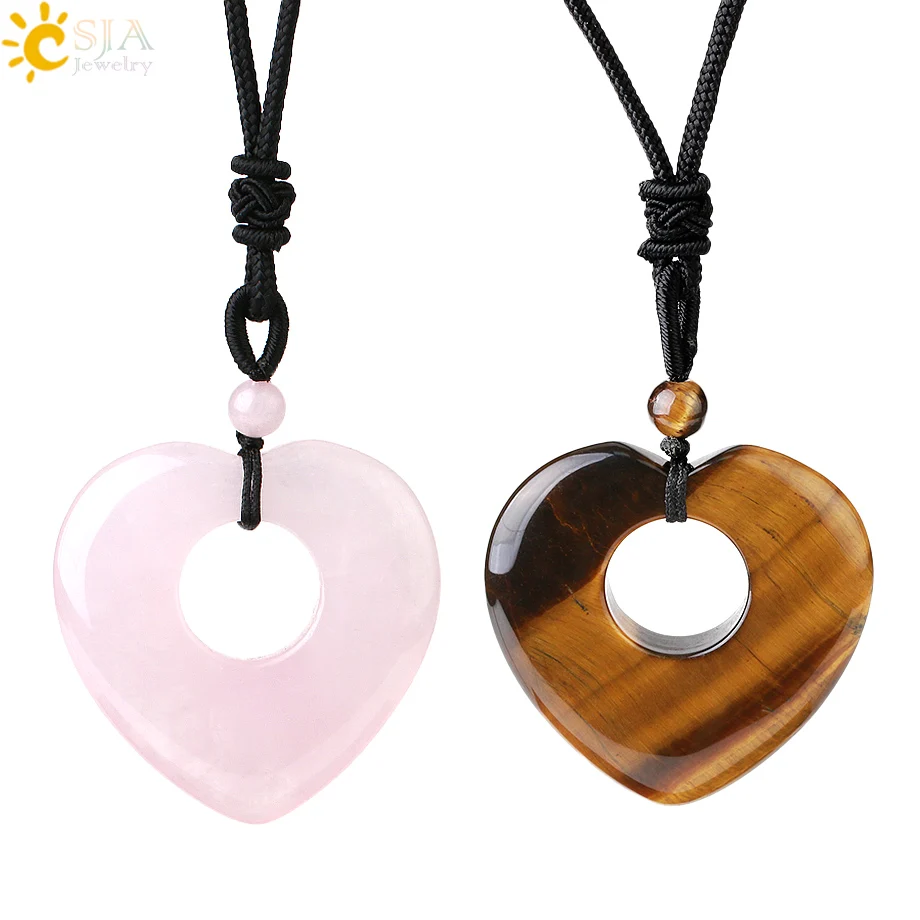 CSJA new natural crystal gem stone rose quartz heart pendant necklace energy healing jewelry G902