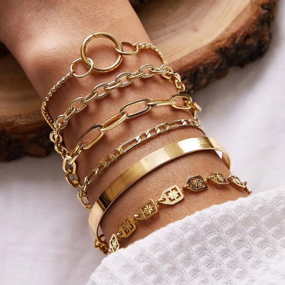 

6pc/lot Bracelet KC Gold Plated Cuban Link Chain Bracelets for Women, Rhodiun