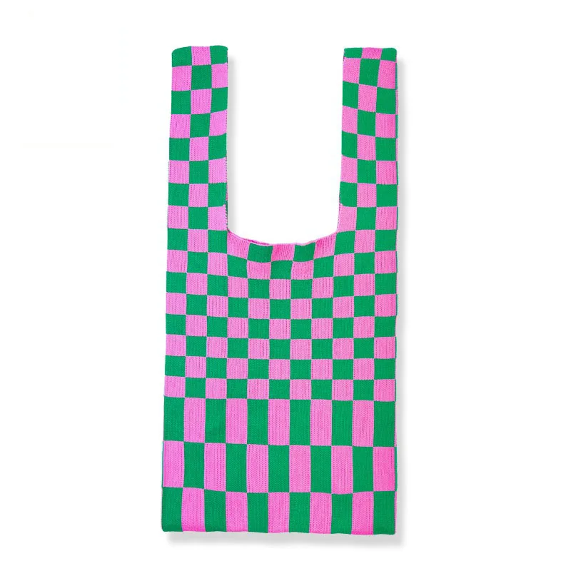 

2021 Korean Colorful Chessboard Woolen Knitted Tote Bag Designer Plaid Women Shopping Bag