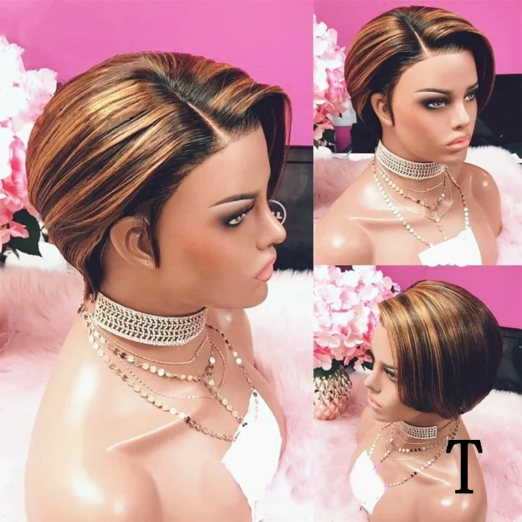 

Lace Front Short Wig Natural Hairline Black Human Hair Cuticle Aligned Pixie Cut Wigs With Baby Hair, Ombre color