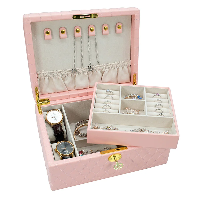 

wholesale custom double-layer large capacity genuine  jewelry case necklace ring watch Jewellery storage box, Pink black green