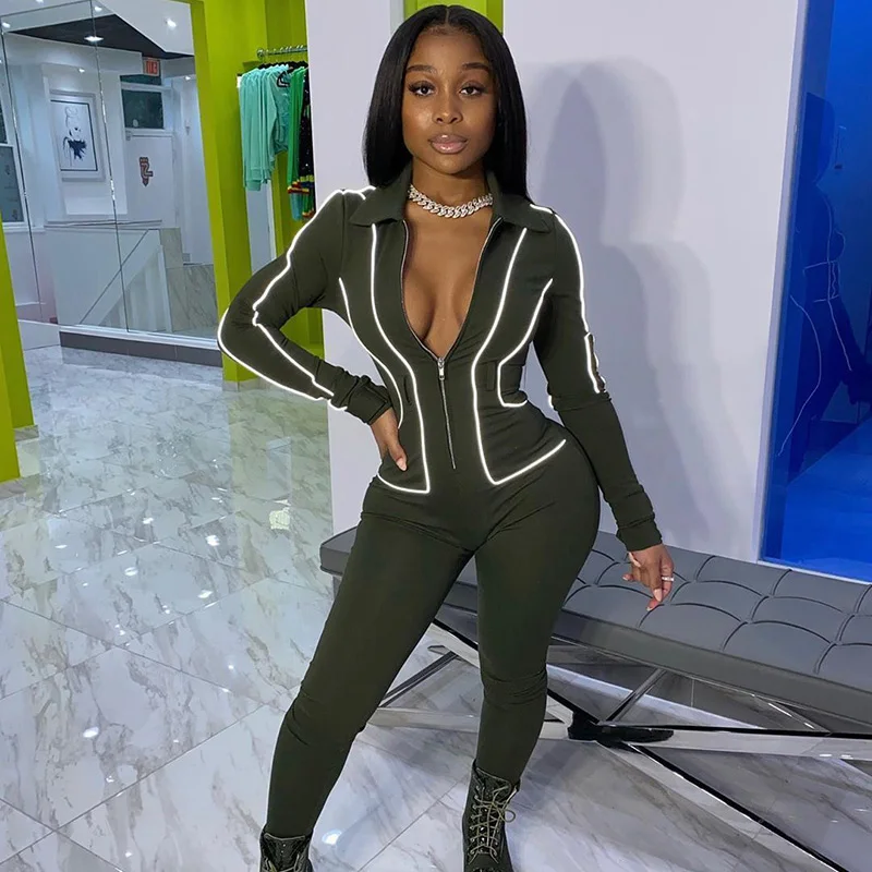 

Autumn Woman Reflective Patchwork Sexy Plus Size full sleeve zipper Tracksuit Joggers Jumpsuit, Army green