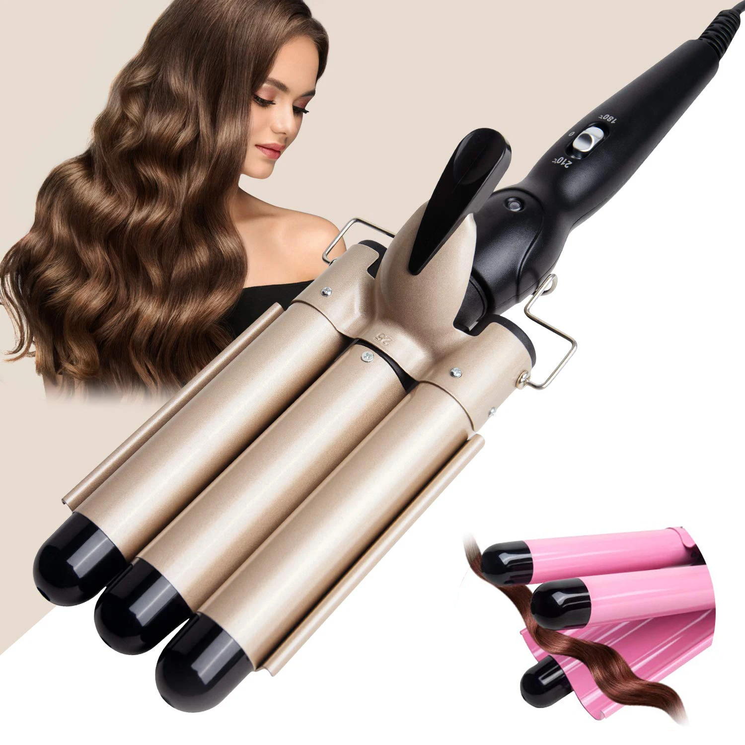 

2020 Hair Styling Tool A Triple Barrel Waver Cute Magic Beachy Waves Professional Styler Wand Gold/Pink Led Curling Iron 32mm