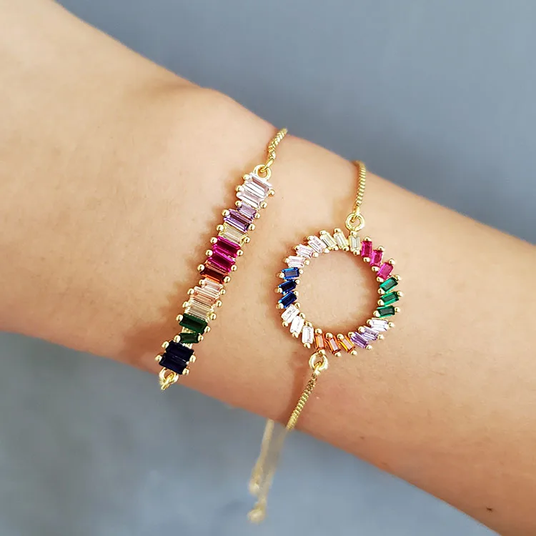 

BC1330 Colored CZ diamond gemstone Micro Pave Gold Plated Charms Bracelet,Adjustable hand chain Jewelry