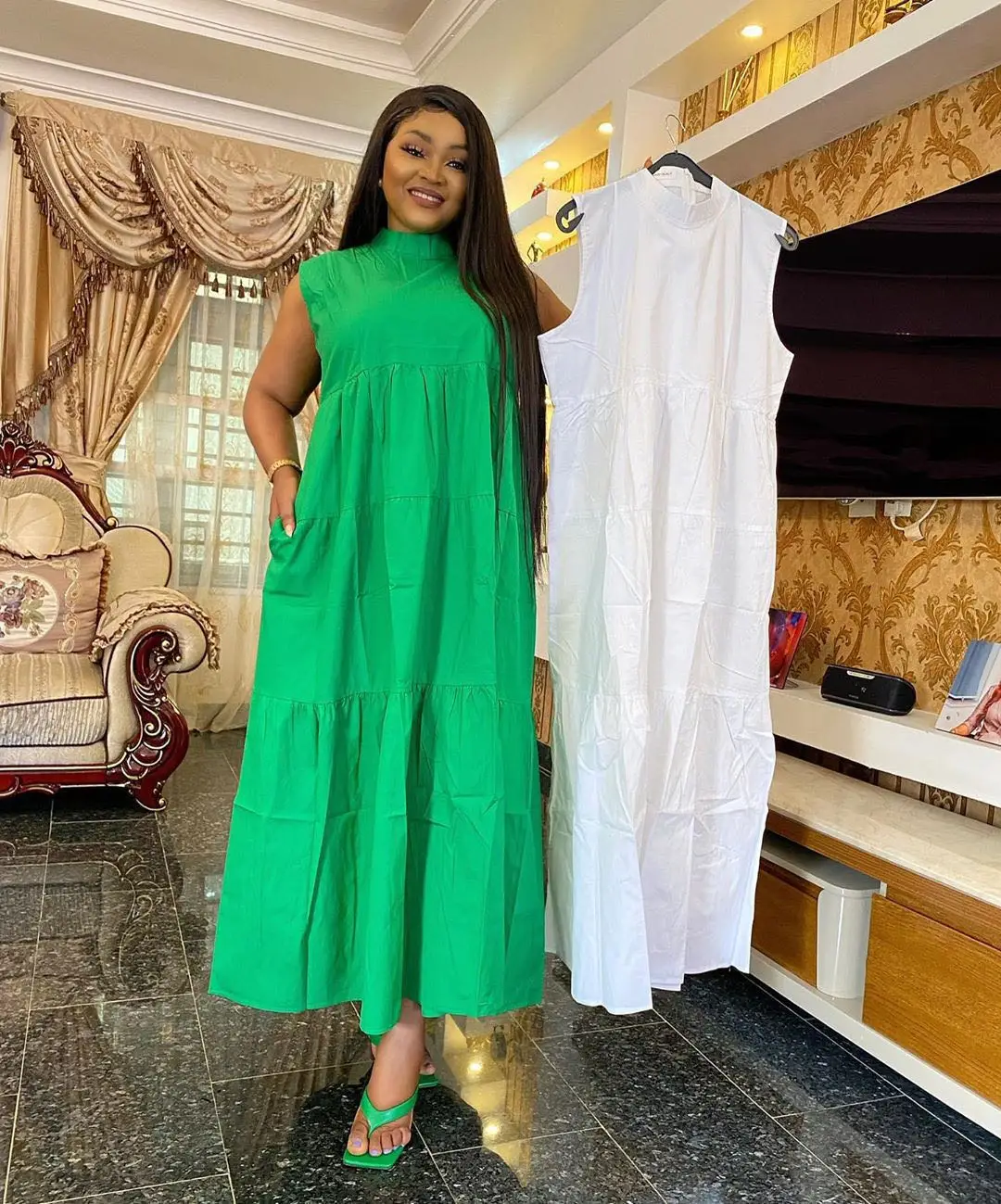 

Solid color sleeveless high neck loose casual layered dress asymmetrical highwaist plus size women trendy style, White khaki red green or customized