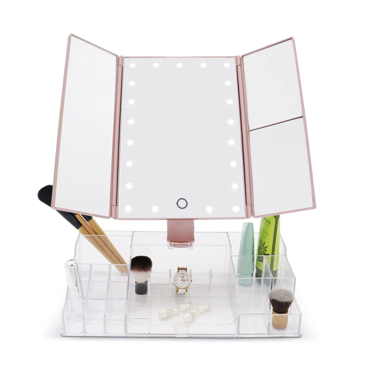 

Clear Plastic Makeup Brush Organizer with 360 Rotation Vanity Mirror