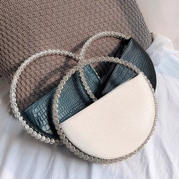 

Fashion ladies new round handle rhinestone diamond circular evening bag
