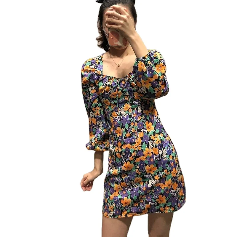 

New Women Flower Print Dress Square Collar Mini Lantern Sleeve Lace Up Women Dress Slim Waist Chic Party Dress Mujer Hot New