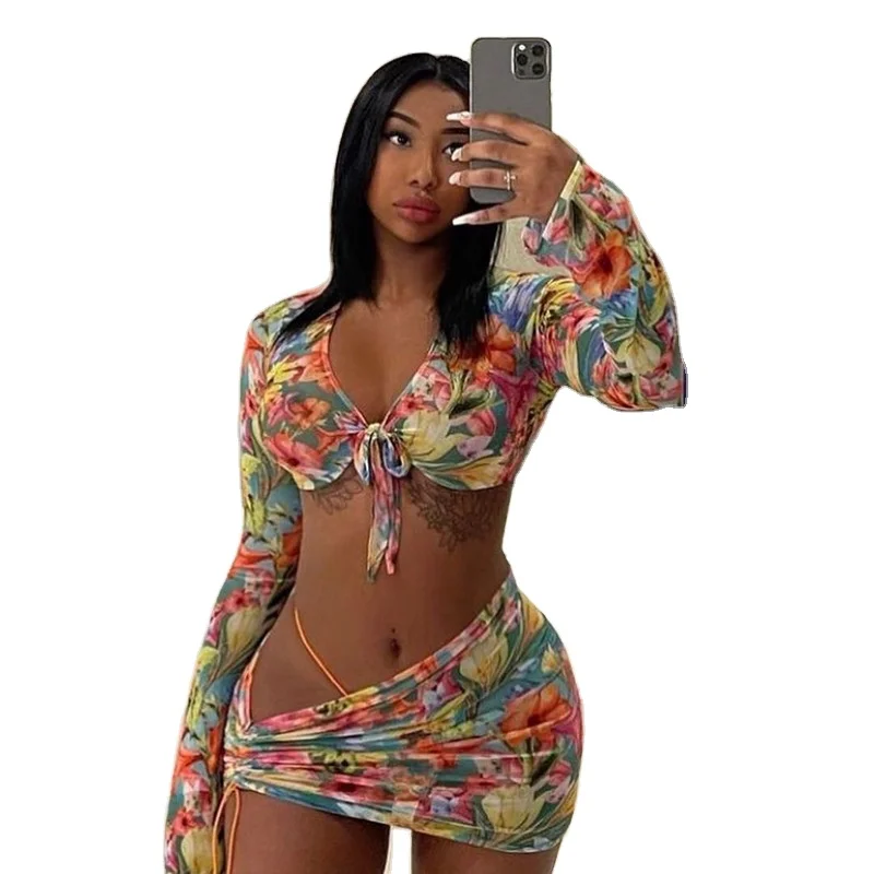 

Summer beach 3 piece women clothing african floral ruched mini mesh skirt and crop top set, Picture shown