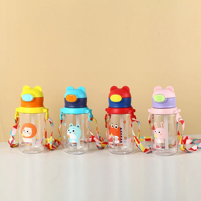 

Seaygift cute cartoon kids outdoor portable plastic straw drinking cups water bottle plastic sports water bottles with strap, Red/black/white/green/purple/yellow