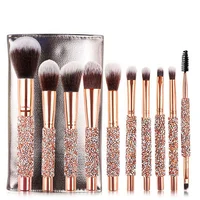 

10 pcs rhinestone cosmetic facial kit PU bag bling crystal rhinestone handle makeup brush set