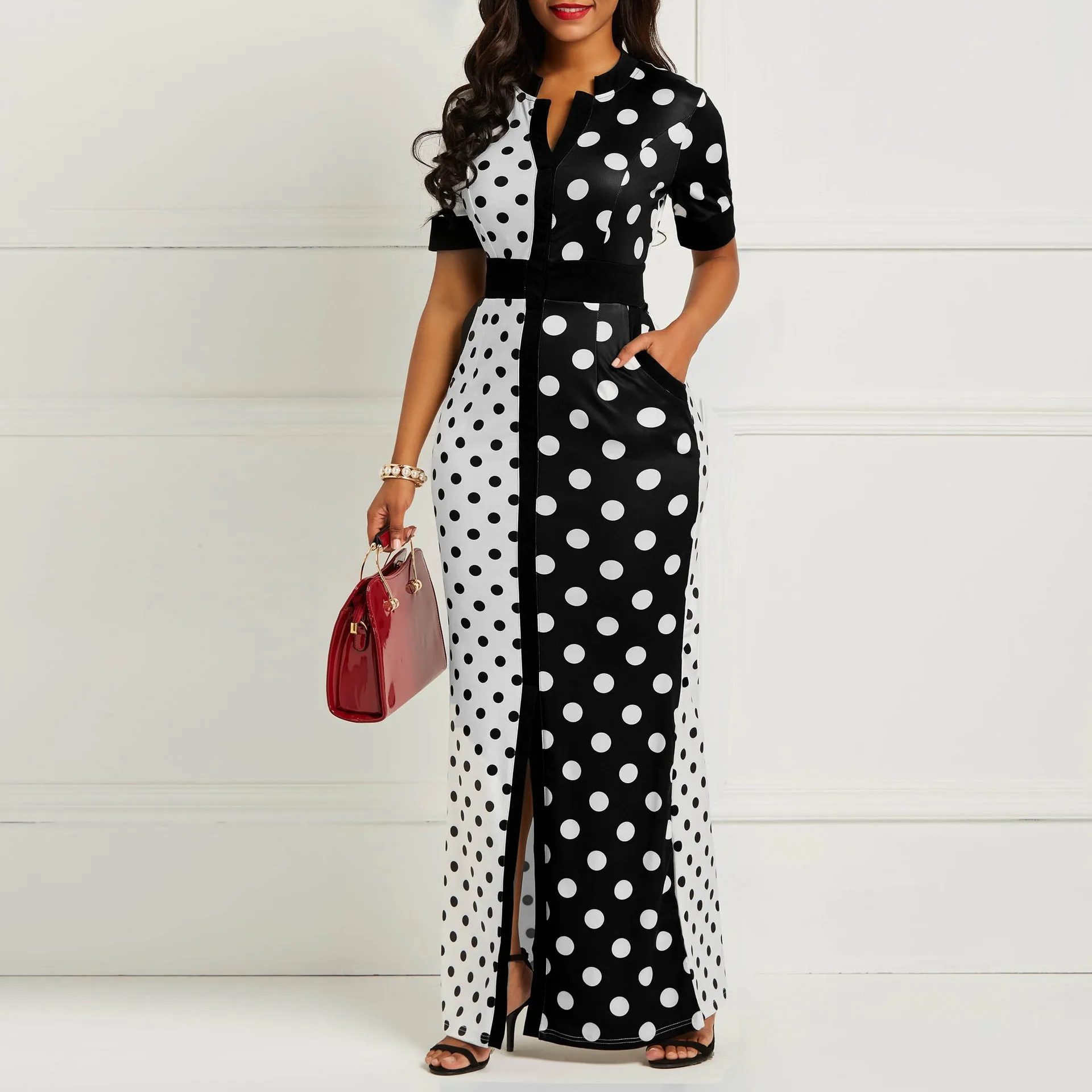 

Summer Front Split Chiffon Maxi Shirt Slim White Black Polka Dot Lady Casual Dress, Customized color