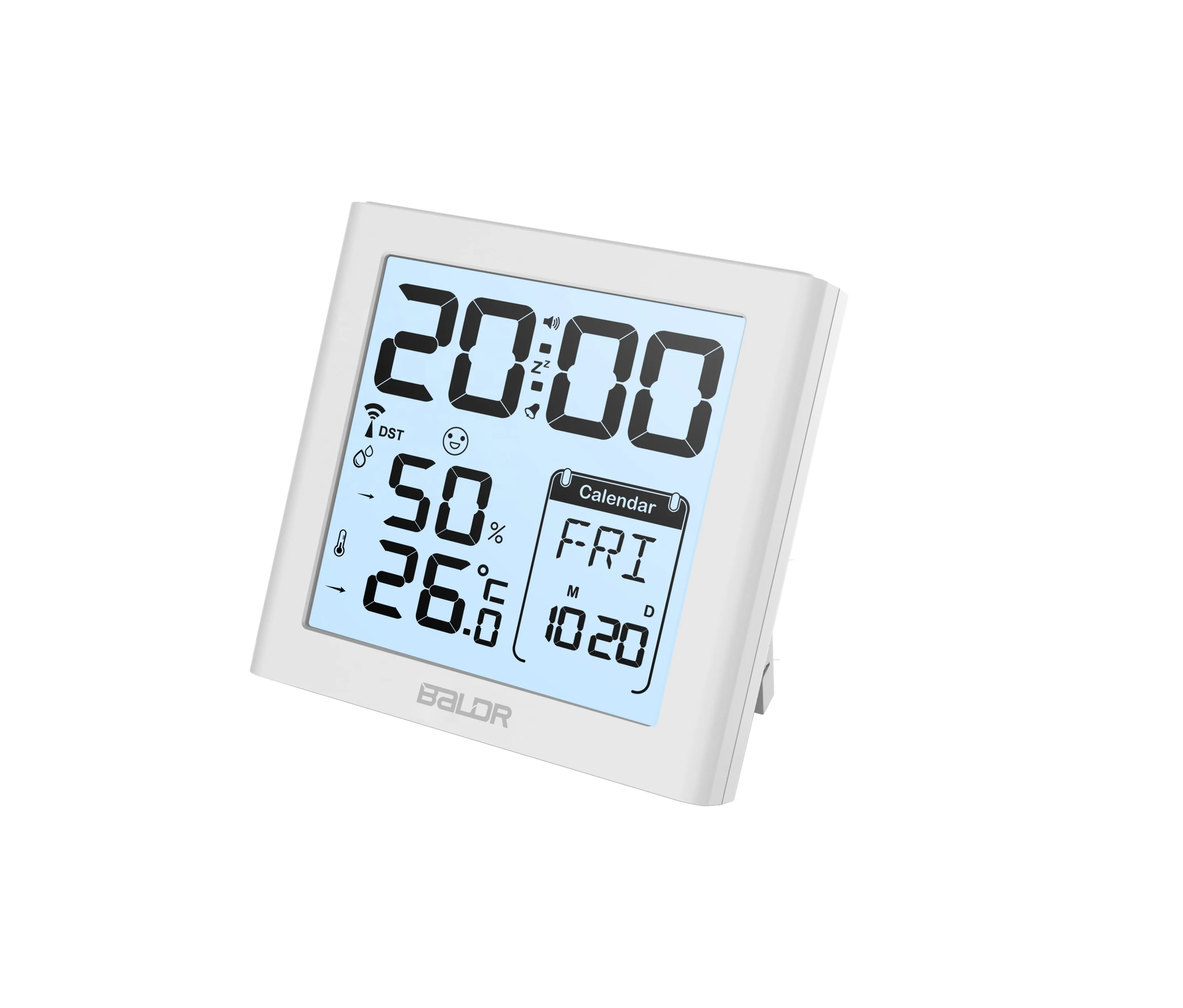 

BALDR B0330 Digital Square Alarm Clock with Thermometer Hygrometer Snooze Calendar for Bedroom Temperature Traveling Desk Clock