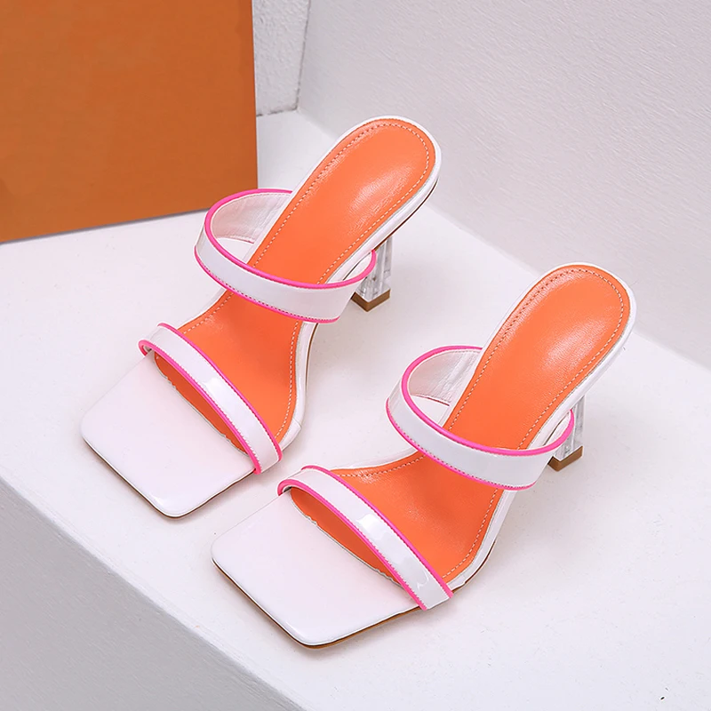 

Summer New High Heeled Shoes Double Color Ladies Slippers Classic Hollow Transparent Crystal Thin Heel Shoes