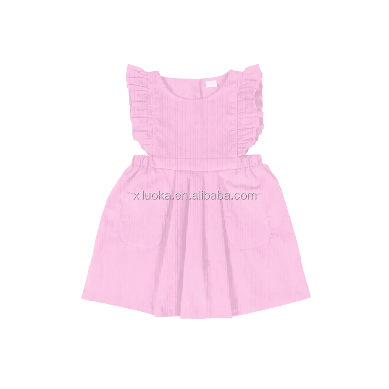 

Hot Sale Pure Ribbed Cotton Flutter Sleeve Fall Kids Girl Dress Fashion Clothing