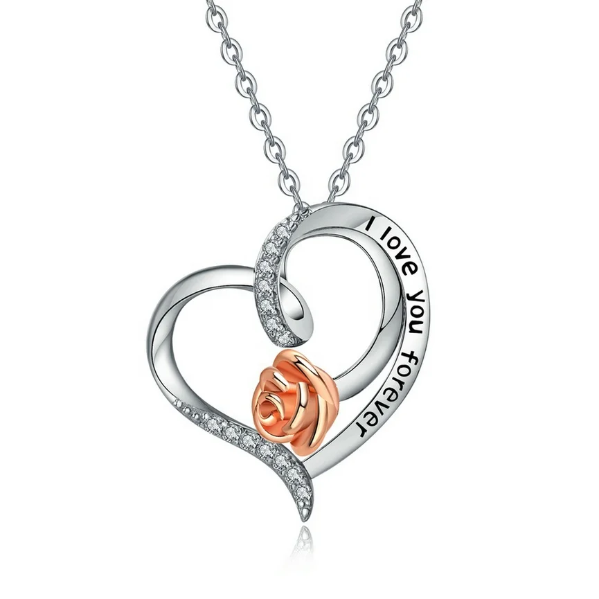

Merryshine Jewelry 925 Sterling Silver Heart Shaped Rose Flower Pendant Necklace