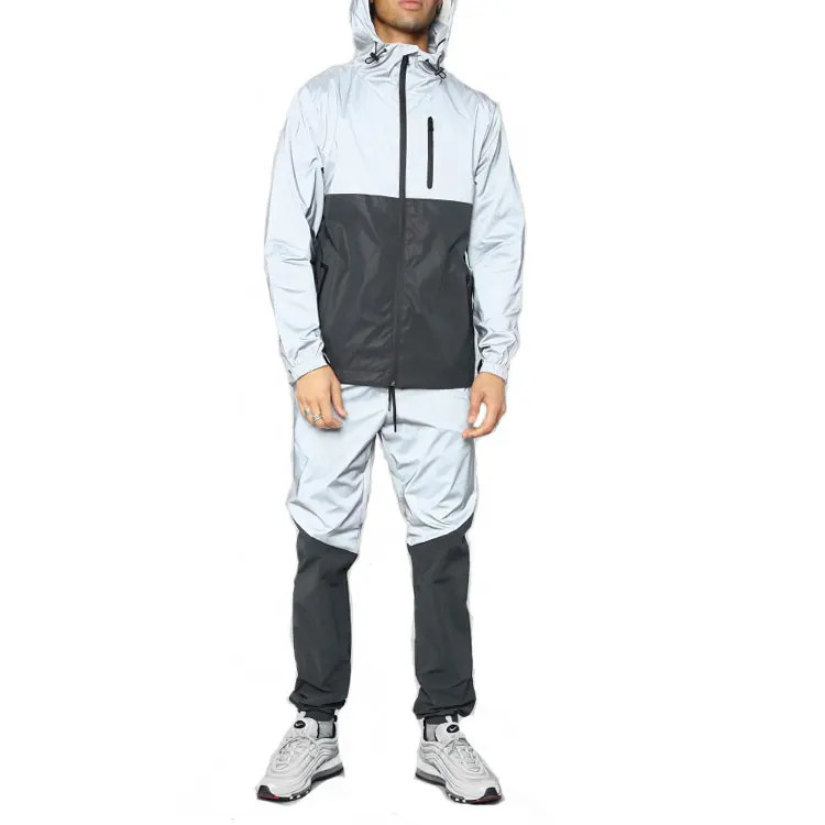 

Wholesale Mens 100 Polyester Zipper Chest Reflective Hooded Tracksuit