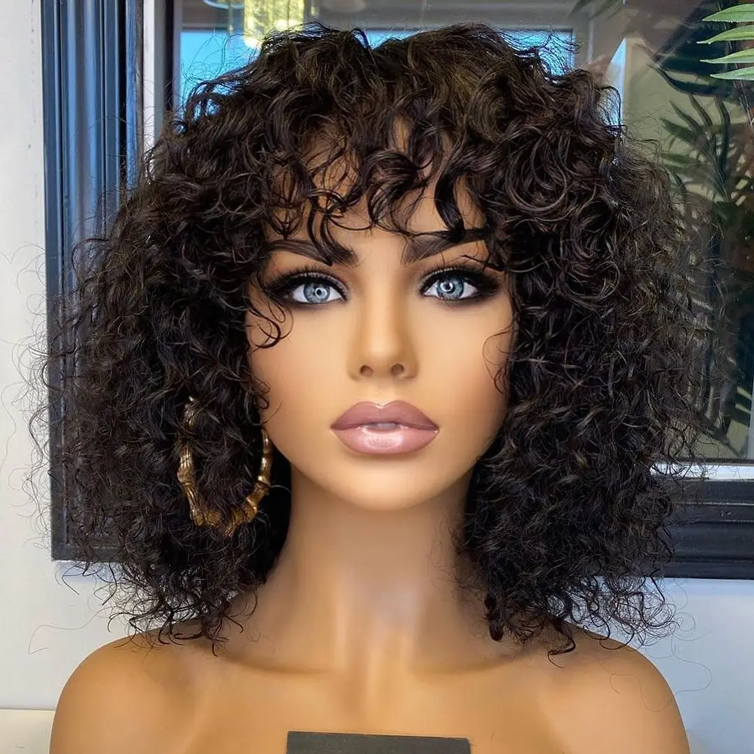 

8 Inch Water Waves Fringe Wig For Black Women,Wholesale Short Curly Wigs With Bang,Raw Brazilian Bob Wigs Human Hair Lace Front, #1b natural black, raw virgin hair