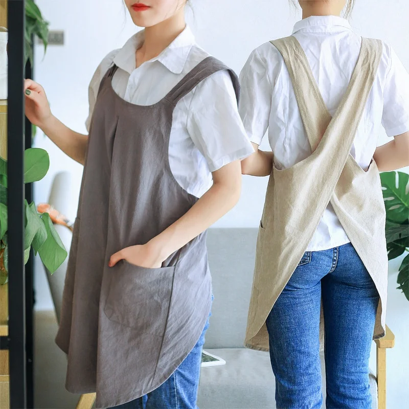 

Simple Japanese And Korean Style Cotton And Linen Apron Women's Home Comfortable Overalls Apron, Picture shows
