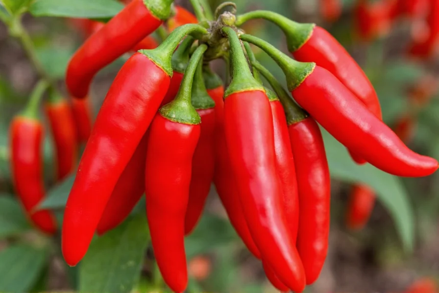 Close-up photograph of vibrant red Calabrese peppers on the plant showing their slender tapered shape and glossy skin