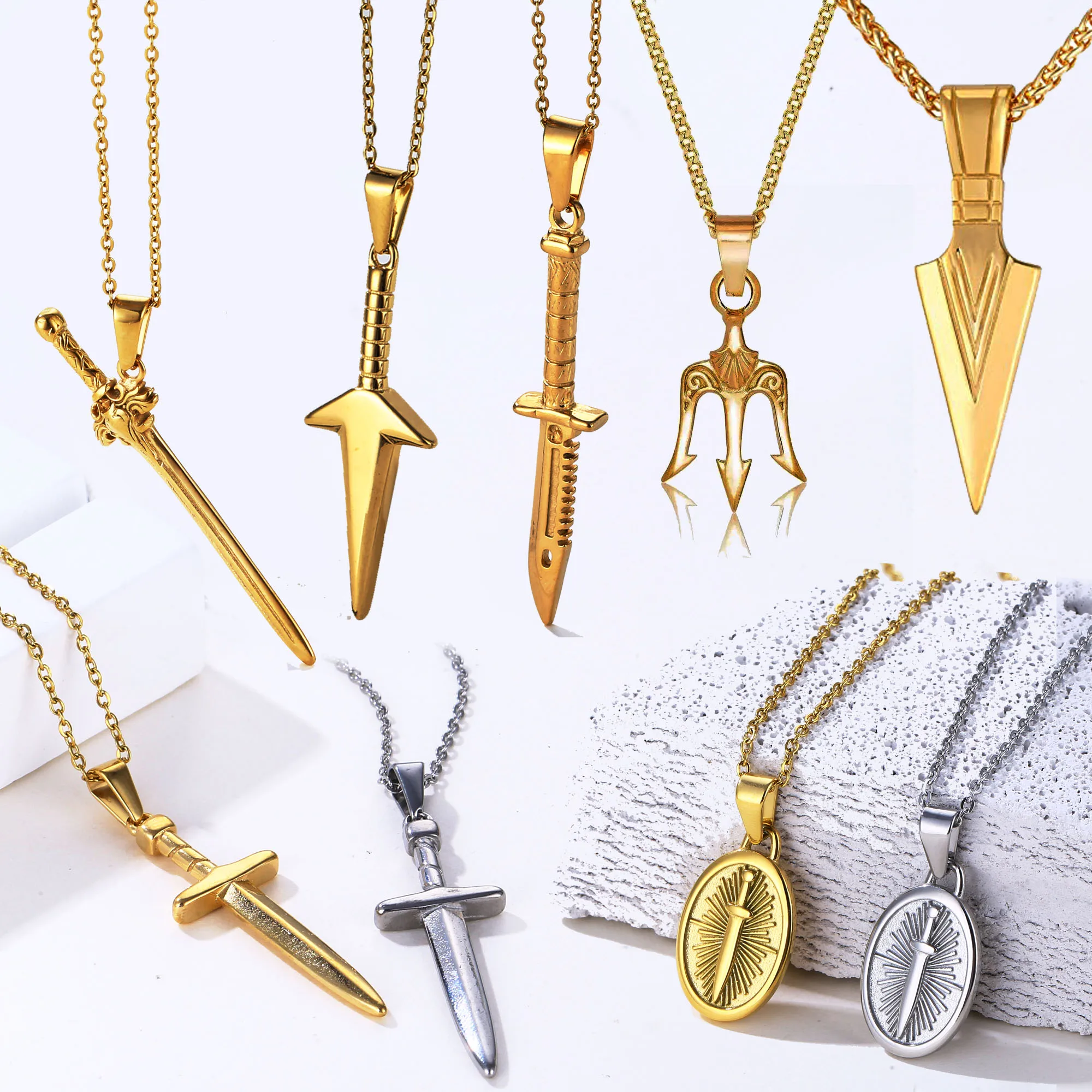 Fashion Pestle Necklace Cool Men Arrowhead Necklace Stainless Steel 18k Gold Poseidon Trident Pendant Sword Necklace