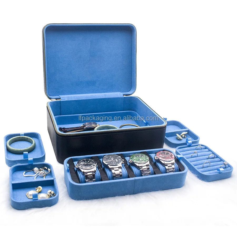 Ice Box US Hot Selling Big Jewelry Case With Many Trays Black Leather Suede Lining Jewelry Box Organizer