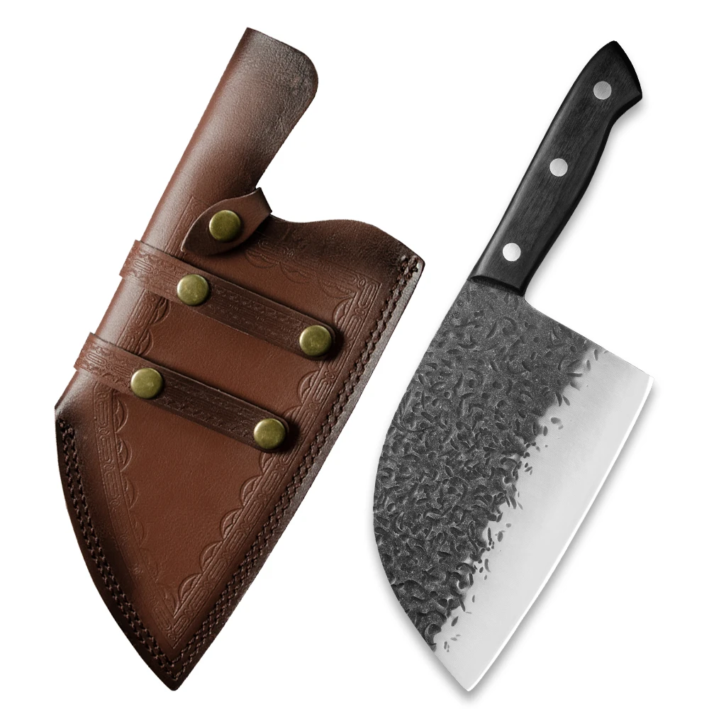 

Super Sharp Butcher Knives 7 Inch Hammer Finished Full Tang Big Knife Survival Heavy Duty Hunting Knife Set And Sheath