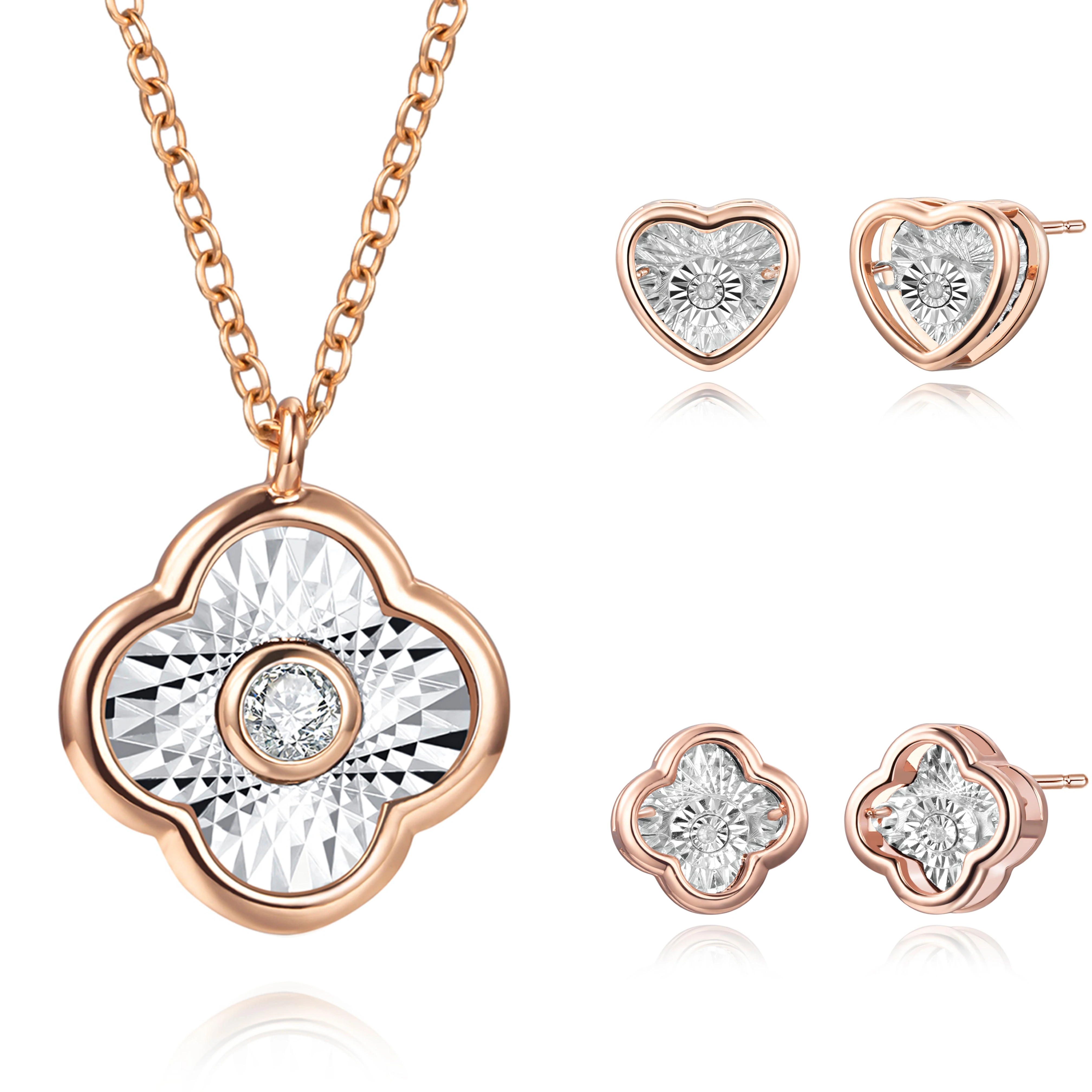 

Fashion Design Stainless Steel Rose Gold Plated Jewelry Shell Lucky Four Leaf Clover Jewelry Set With Moissanite, Rose gold color