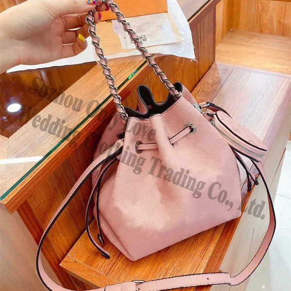 

High Quality 2021 String Large Capacity Women Handbags Purse Pink Girl Genuine Leather Shoulder Cross body Bucket bag