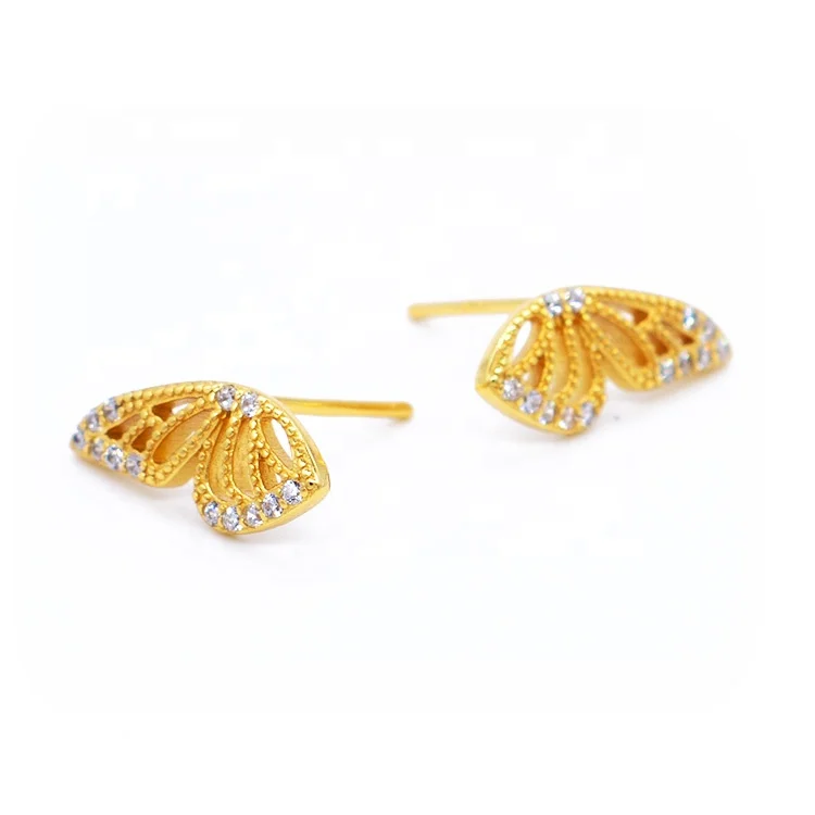 

New design 925 sterling silver Oem custom jewelry 14K gold plated cubic zirconia butterfly stud earrings for wholesalers