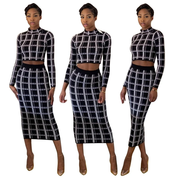 

Wholesale fashion women's party suit 2-piece plaid top skirt